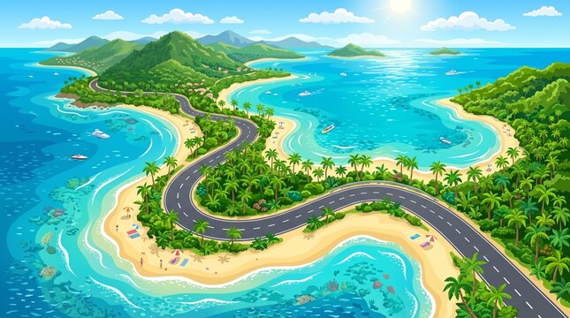 Tropical island road winding through scenic coastal landscape with winding path and palm trees