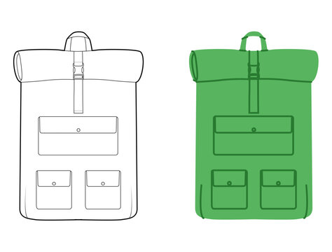 Travel backpack silhouette bag. Fashion accessory technical illustration. Vector schoolbag front 3-4 view for Men, women, unisex style, flat handbag CAD mockup sketch outline isolated
