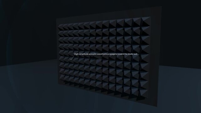 3D simulation of acoustic foam absorbing sound waves showing air pressure particles entering porous channels and converting kinetic energy into thermal heat to eliminate echoes