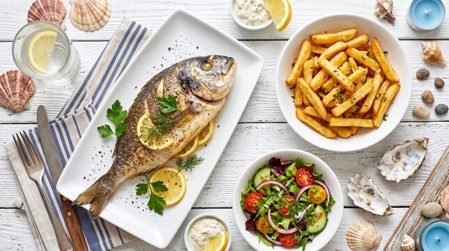 Fresh seafood and fries meal served on wooden table for restaurant menu or food blog