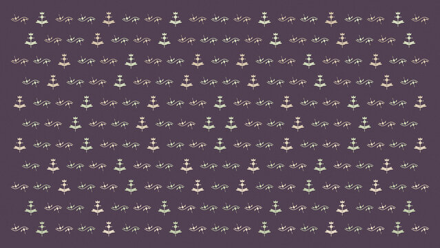 A seamless botanical pattern of delicate flowers, leaves, and sprigs in pale yellow, sage, and blush repeats across a plum background for fabric and wallpaper design.