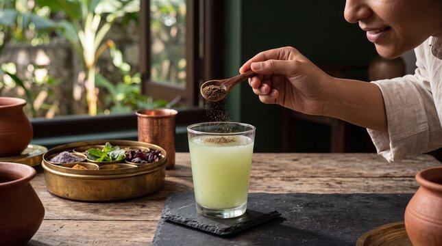 Woman Garnishing Refreshing Aam Panna Drink with Roasted Cumin Powder