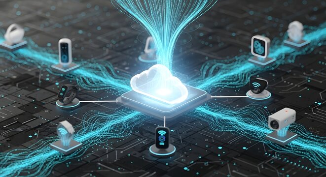 Abstract illustration of cloud computing network connecting various smart IoT devices through glowing digital data streams.
