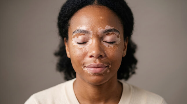 African American woman with vitiligo finding tranquility and embracing natural skin diversity, representing self acceptance, wellness, and unique beauty with a serene expression