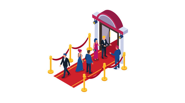 Isometric illustration of formally dressed people walking on a red carpet towards a grand entrance with velvet ropes, depicting a VIP event or premiere.