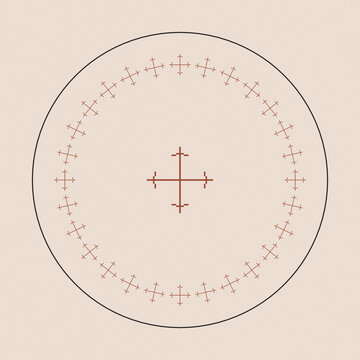 A centered terracotta cross-like emblem is surrounded by hand-drawn radial symbols within a black circle, creating a contemplative folk graphic for cultural and spiritual design.