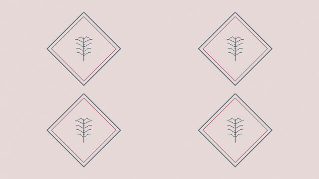 Four outlined diamonds contain delicate botanical sprigs on a dusty pink background, creating a calm minimal arrangement for modern stationery, home decor, textiles, and branding.