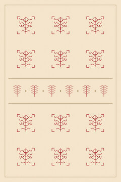 Repeated stylized botanical symbols form a balanced grid in burgundy and ochre on cream, blending folk embroidery references with a clean decorative composition for print and interiors.