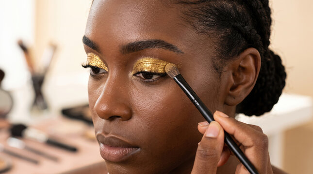 African American woman applying shimmering gold eyeshadow, creating a glamorous, luxurious makeup look for beauty, cosmetic, fashion, and party concepts