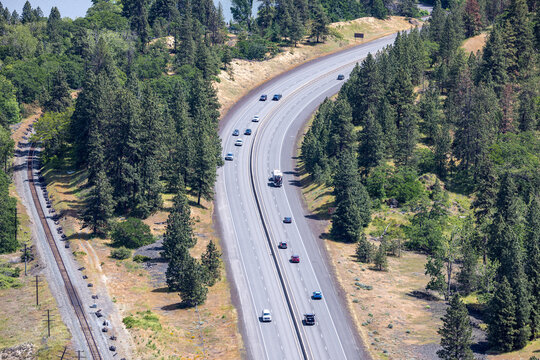 Highway Traffic and Railway Below Rowena Plateau
