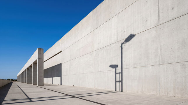 Modern concrete building exterior showing a long plain wall casting geometric shadows on the ground and creating a sense of urban solitude and minimalist design