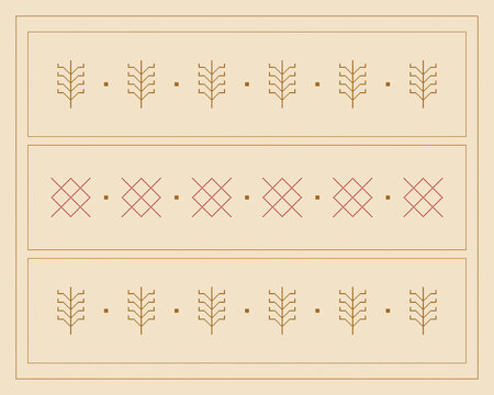 Three spacious horizontal bands pair ochre leaf symbols with red interlaced diamonds, forming a refined folk textile design with warm neutral tones and orderly rhythm.