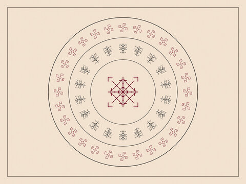 A balanced radial composition combines concentric rings, delicate folk marks, and a central woven emblem in muted tones, offering an elegant backdrop for cultural and decorative projects.