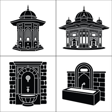Set of four Ottoman street fountain icons in a 2x2 grid, featuring sebil kiosk, Ahmed III fountain, wall spout, and roadside trough, all as solid black silhouettes on a plain white background
