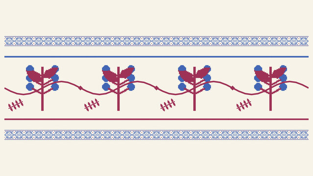 A horizontal decorative band presents stylized blue and burgundy plants connected by flowing stems between delicate patterned rules, leaving open cream areas for rustic design applications.