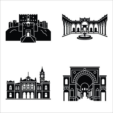 Set of four Syrian heritage landmarks, flat black silhouettes on white, including Aleppo Citadel, Azm Palace, Hejaz Railway Station, and Souq Al Hamidiyya arch, vector icons