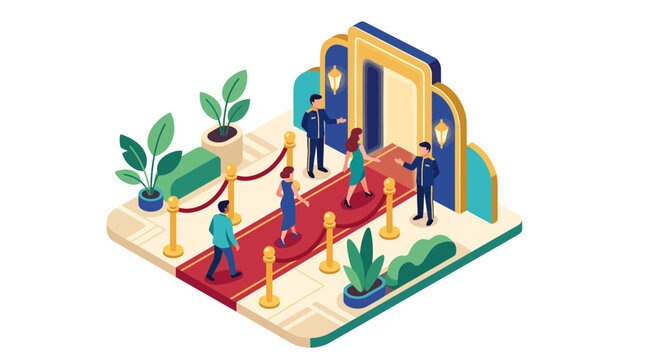 Isometric illustration of people walking on a red carpet towards a grand entrance with security guards, symbolizing exclusivity and VIP events.