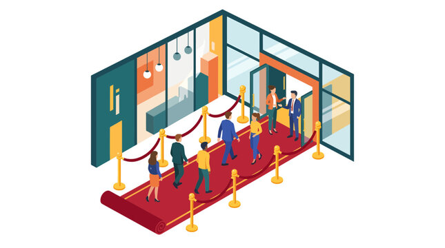 Isometric illustration of people walking on a red carpet with velvet ropes into a building, attended by hosts.