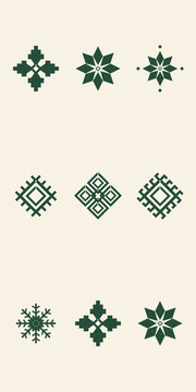 A spacious cream canvas presents nine dark green folk symbols, including stars, snowflakes, crosses, and woven diamonds, in a calm, balanced arrangement for seasonal design.