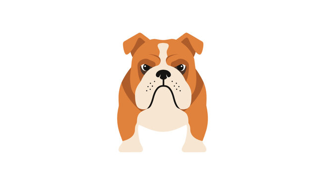 Front view of a cute cartoon bulldog illustration with brown and white fur and a grumpy expression on a white background.