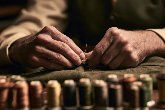 Warm light illuminates skilled hands threading needle