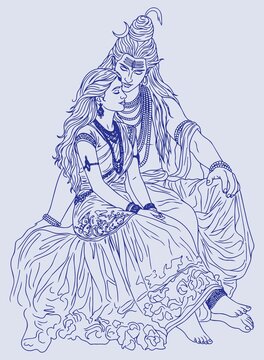 Lord Shiva and Parvati Hindu god Design Element. Sketch or Drawing of Shiva Parvati Outline Editable Vector Illustration