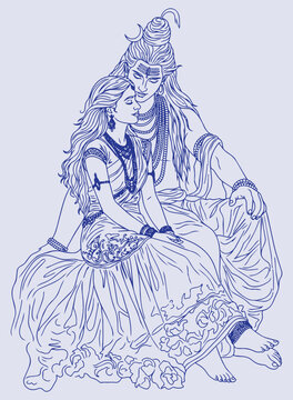 Lord Shiva and Parvati Hindu god Design Element. Sketch or Drawing of Shiva Parvati Outline Editable Vector Illustration
