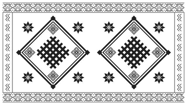 A monochrome decorative panel showcases bold diamond lattices, star flowers, and finely repeated edging, blending folk symbolism with a clean graphic style for modern applications.