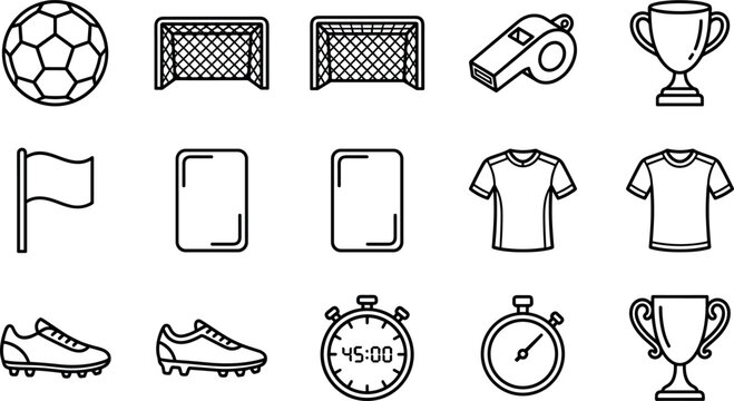 Set of soccer icons including ball, goal, whistle, trophy, flag, cards, jersey, cleats, and stopwatch for sports design