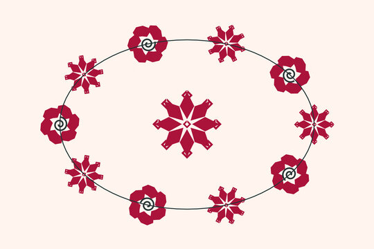 A refined burgundy wreath of stylized blossoms and snowflake-like stars encircles a central emblem on a warm ivory ground, ideal for invitations, certificates, and seasonal decor.