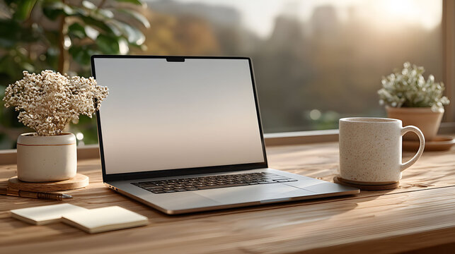 Cozy Home Office Setup with Laptop, Coffee Mug, and Plant Decor for Productivity Inspiration