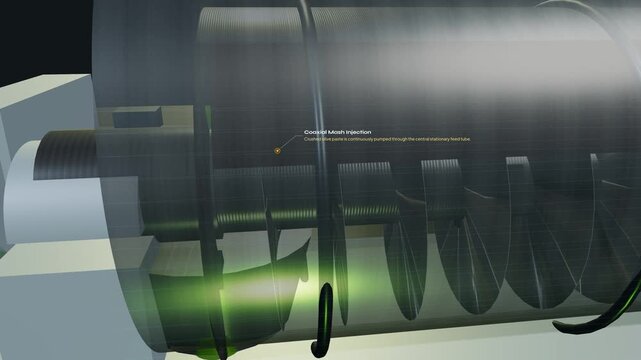 3D animation of a decanter centrifuge used for extra virgin olive oil extraction showing the internal mechanics including the coaxial mash injection and differential helical conveyor