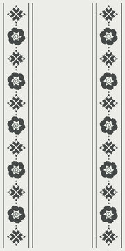 Symmetrical monochrome ornament featuring alternating geometric diamonds and floral spirals along both sides, creating an elegant decorative frame for invitations, textiles, and branding.