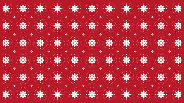 Bright white floral motifs and tiny diamond accents repeat over a rich red field, creating a cheerful festive folk surface ideal for winter packaging, wrapping paper, and decor.