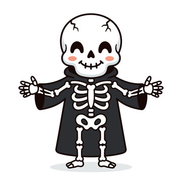 cute cartoon skeleton in black robe celebrating halloween vector illustration.