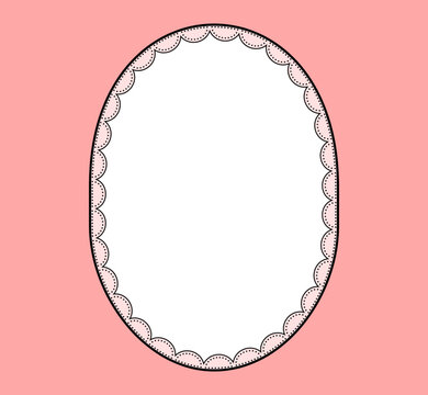 Black dotted eyelet scallop lace vertical oval border with broderie anglaise cutwork trim encloses center on soft pink. as minimal vintage frame for wedding invitations or feminine label cards.