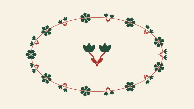 A symmetrical botanical wreath with stylized blossoms and leaves forms an elegant folk-inspired frame, using muted natural tones on a warm cream surface for seasonal designs.