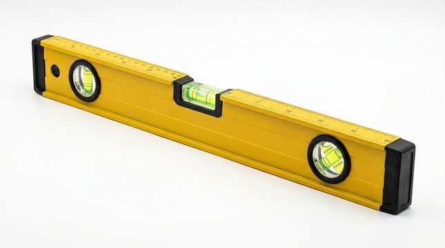 Yellow spirit level with two vials on white background, tool measuring d