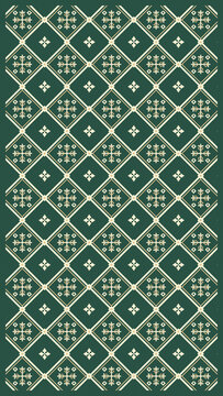 Rich dark green ornamental lattice filled with repeating cream geometric medallions, creating a refined folk-inspired surface suitable for fabric, wallpaper, and packaging.