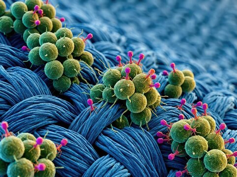 A dramatic microscopic view showing round bacteria clusters and small virus particles adhering tightly to the woven fibers of a textile surface, health, microorganisms, microbiology
