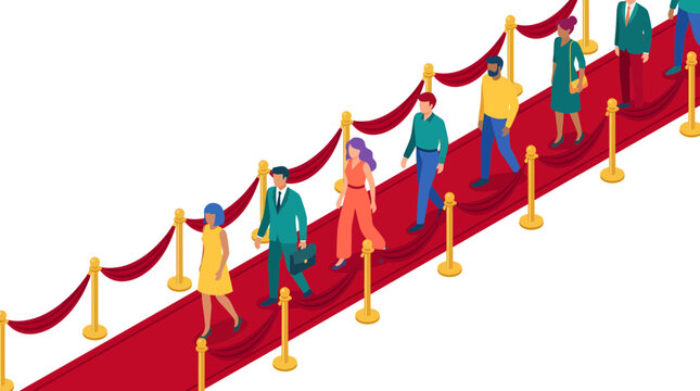 Isometric view of diverse people walking on a red carpet with golden stanchions and velvet ropes.