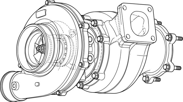 Detailed black and white line art vector illustration of a car turbocharger technical drawing