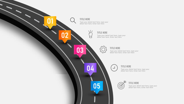 Modern 5 steps curved road pathway node infographic template for presentation vector design