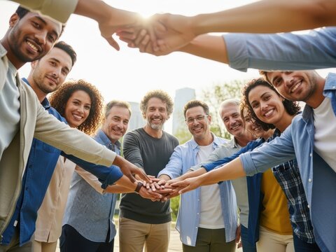 Diverse business team stacking hands in a circle, successful group of colleagues showing unity and teamwork, smiling people celebrating partnership