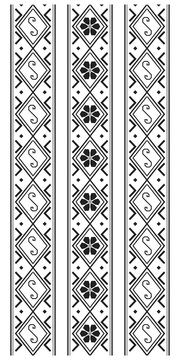 A tall monochrome folk ornament features repeating diamond shapes, curled symbols, and floral details, creating a refined traditional border for textiles, interiors, or print design.