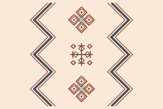A minimal cream design uses blue and terracotta zigzags with three centered geometric ornaments, creating a calm folk-inspired composition for covers, textiles, packaging, or branding.