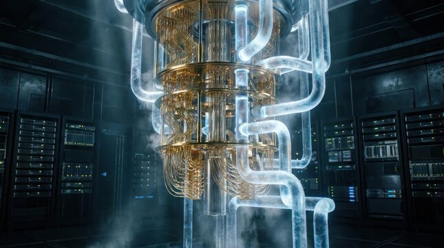 Advanced quantum computer with glowing blue tubes and intricate machinery inside a dark room