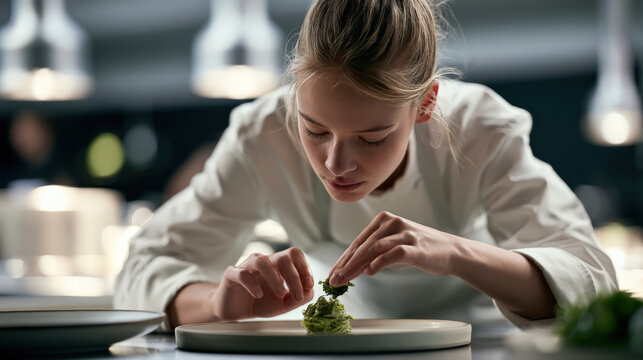 Young chef carefully places garnish on dish