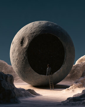 Lone figure climbs a ladder toward a massive, hollow stone sphere
