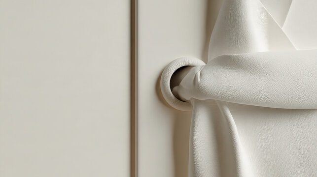 Soft white curtain drapes gently over a minimalist door knob